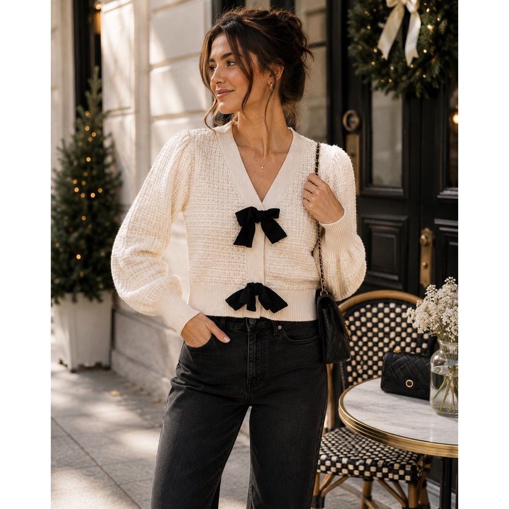 Coquette Bow Cream Textured Knit Black Tie Cardigan Balletcore Preppy Sz L